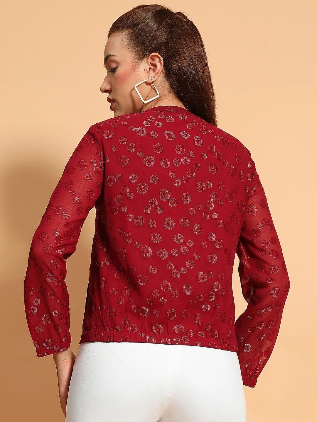 Thrilling Maroon Round Neck Long Sleeve Zip Lined Lace Detail Women Winter Wear Jacket - Image 5