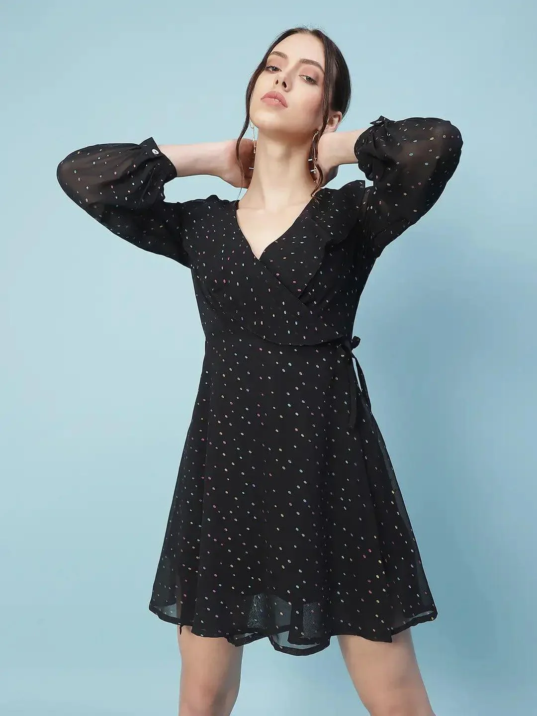 Thunder Black Multicolor Foil Print Party Wrap Women Dress - Image 2