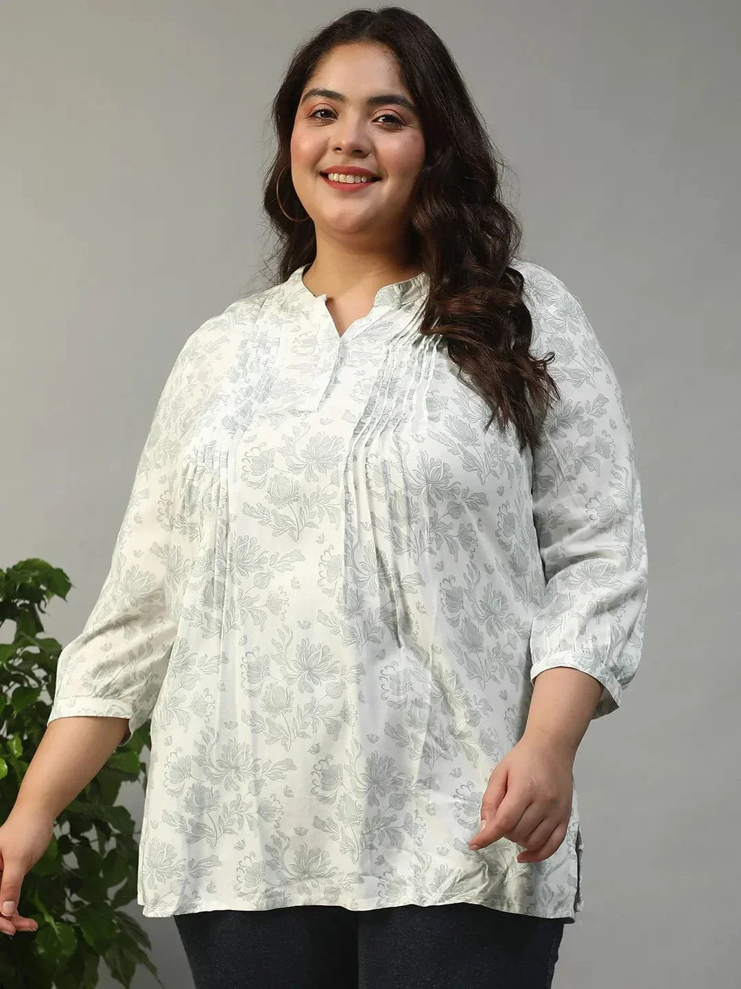Timeless White Floral Rayon Print Women Plus Size Top With Button Front, Pleated Details, And Long Sleeves.