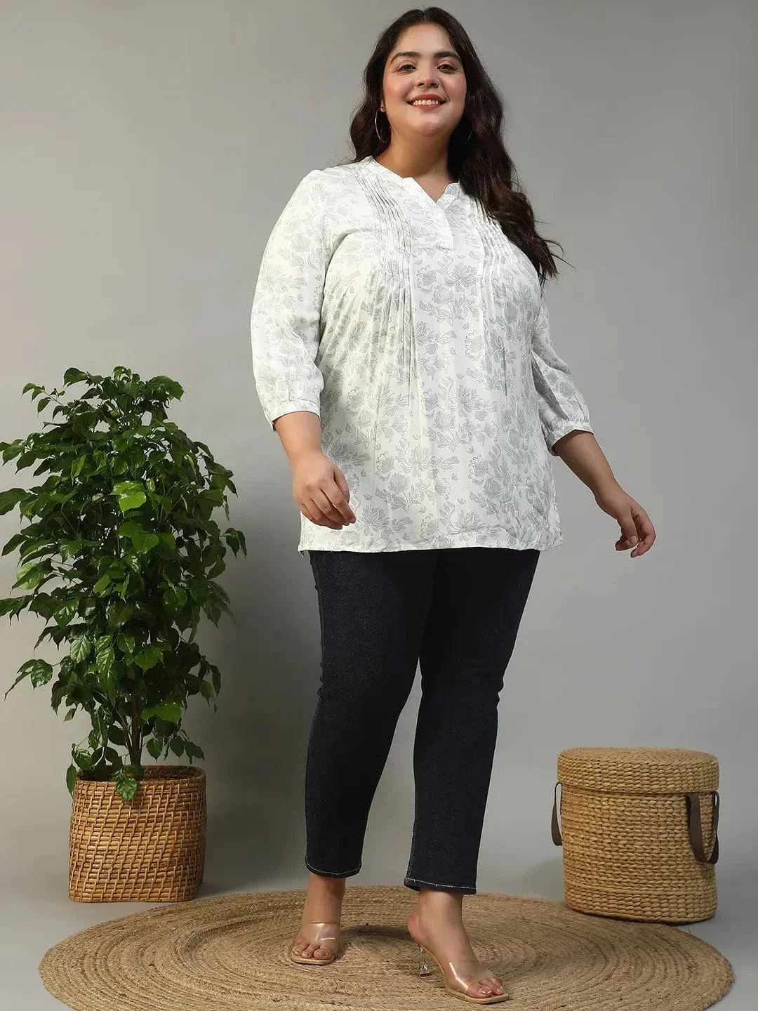 Timeless White Floral Rayon Print Women Plus Size Top With Button Front, Pleated Details, And Long Sleeves. - Image 2