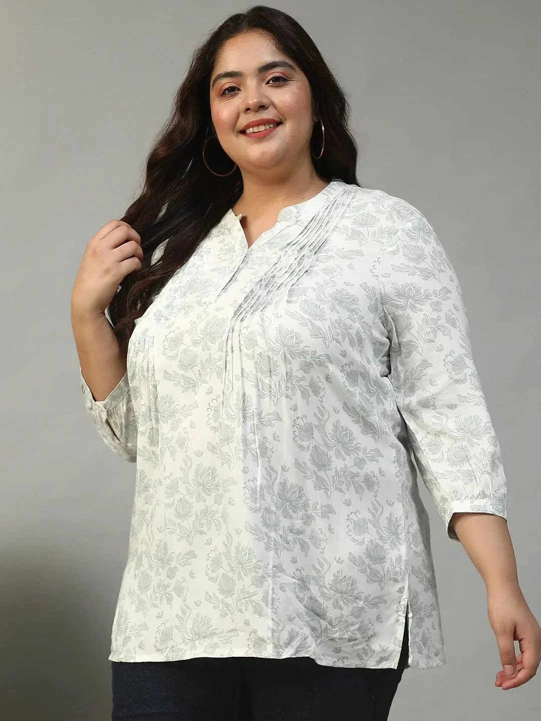 Timeless White Floral Rayon Print Women Plus Size Top With Button Front, Pleated Details, And Long Sleeves. - Image 3