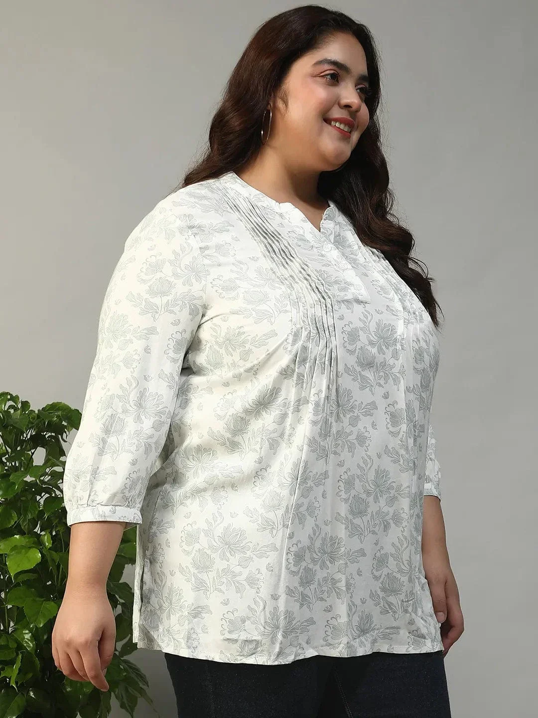 Timeless White Floral Rayon Print Women Plus Size Top With Button Front, Pleated Details, And Long Sleeves. - Image 4