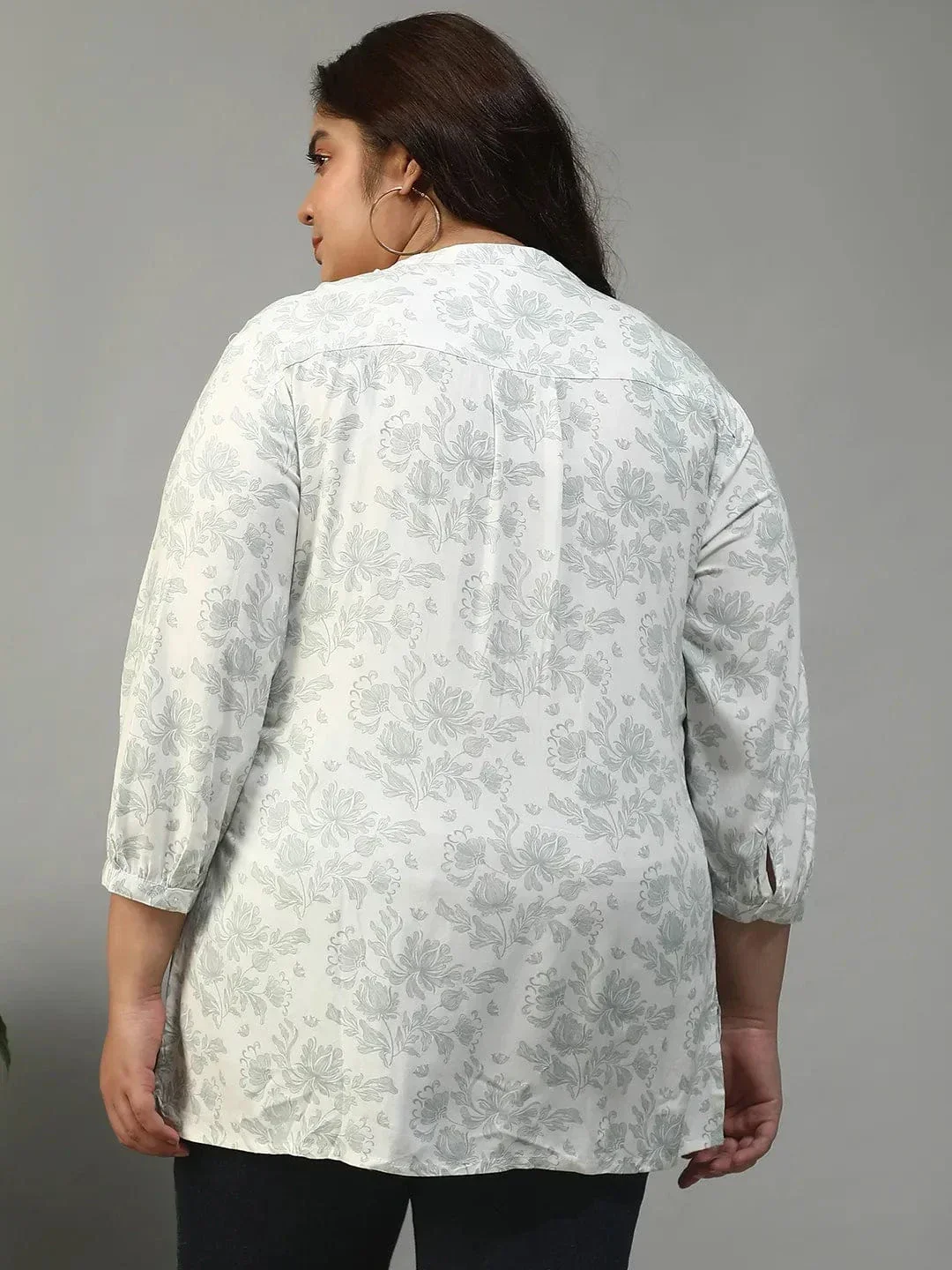 Timeless White Floral Rayon Print Women Plus Size Top With Button Front, Pleated Details, And Long Sleeves. - Image 5