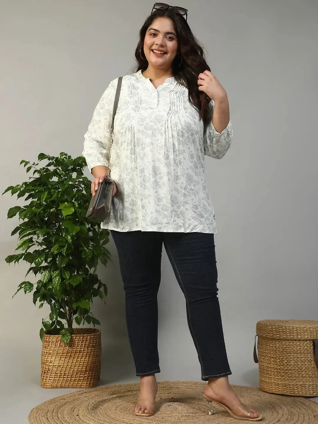 Timeless White Floral Rayon Print Women Plus Size Top With Button Front, Pleated Details, And Long Sleeves. - Image 7