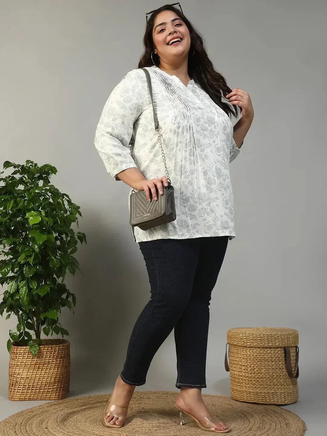 Timeless White Floral Rayon Print Women Plus Size Top With Button Front, Pleated Details, And Long Sleeves. - Image 8