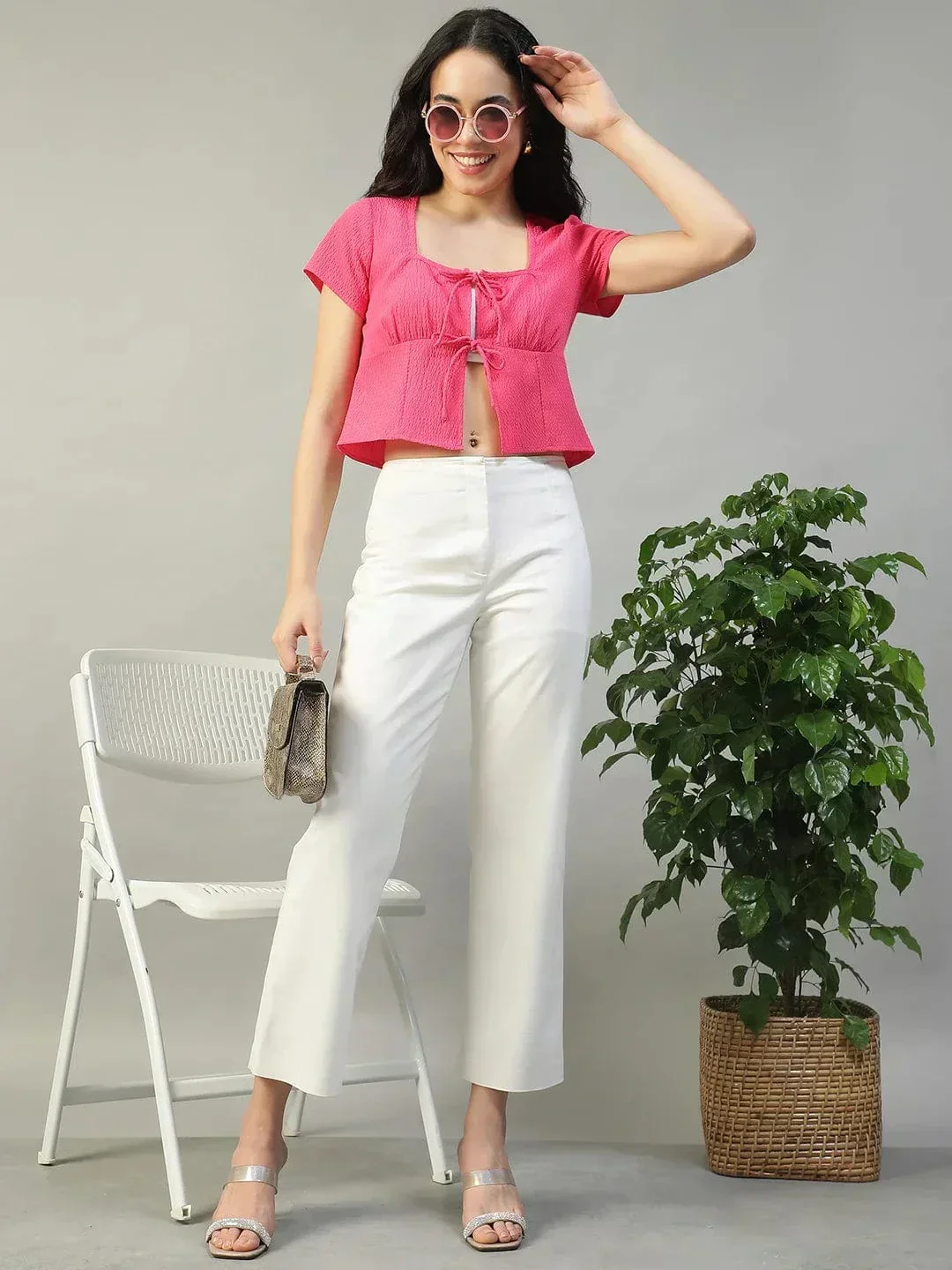 Tinted Solid Pink Tie-Up Detail Short Sleeve Seersucker Dobby Women Top - Image 8