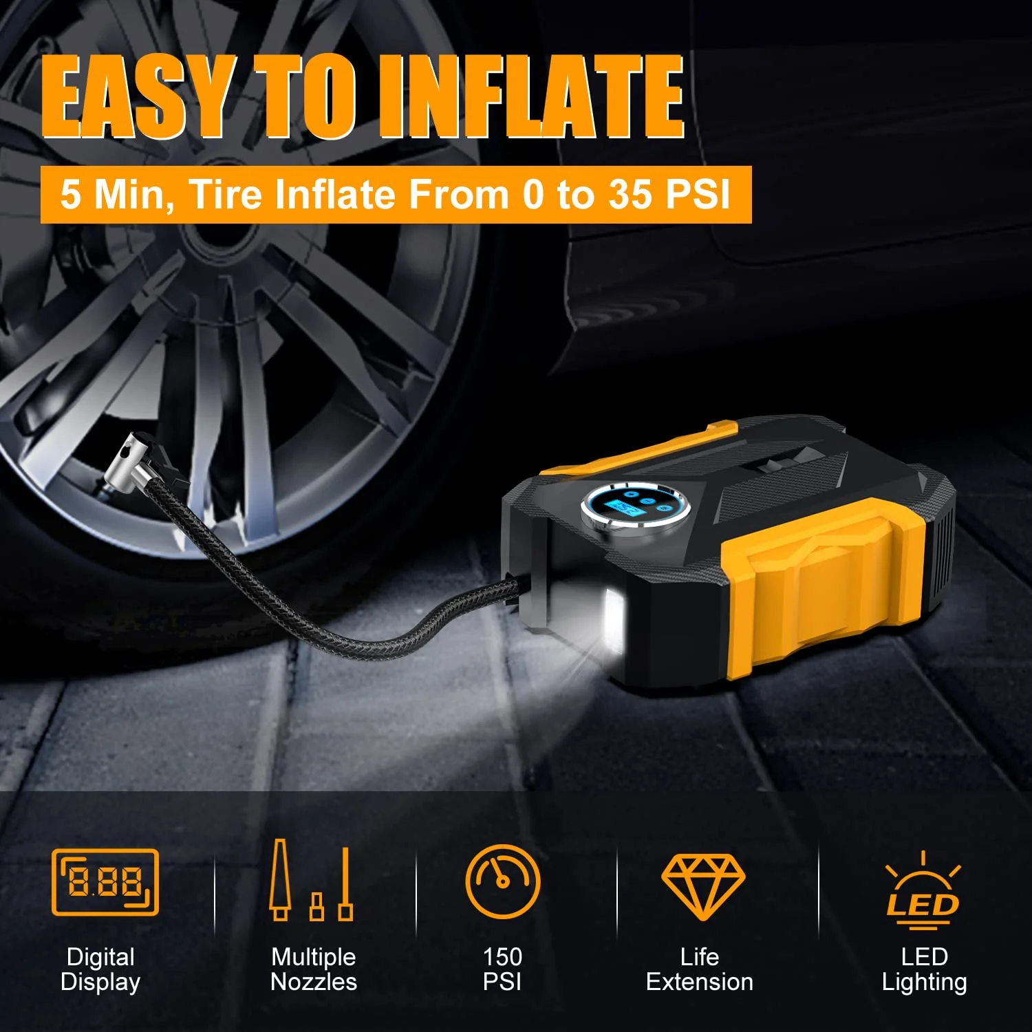 TireSOS: High-Quality Portable Digital Car Tyre Inflator with LED Light & 150PSI Auto Pump for Cars, Bikes & More - Image 2