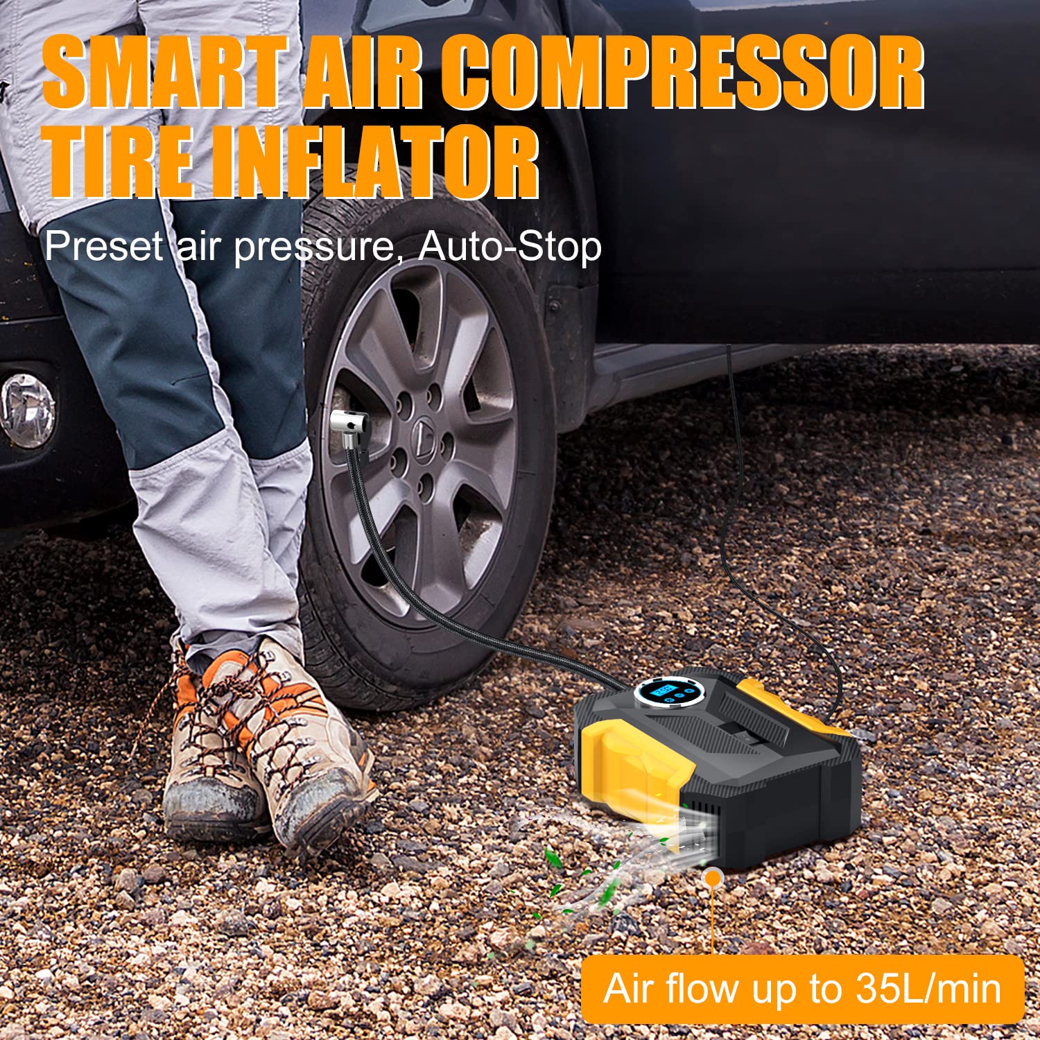 TireSOS: High-Quality Portable Digital Car Tyre Inflator with LED Light & 150PSI Auto Pump for Cars, Bikes & More - Image 3