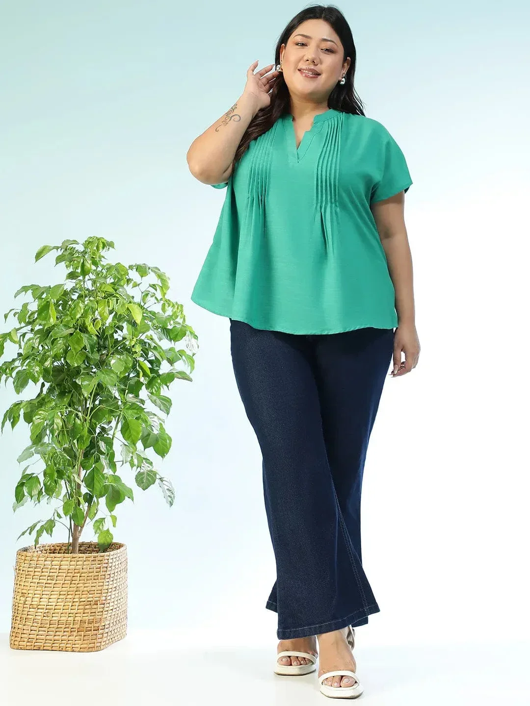 Tonepop Solid Green Pleated Flutter Short Sleeve Plus Size Women Top - Image 2