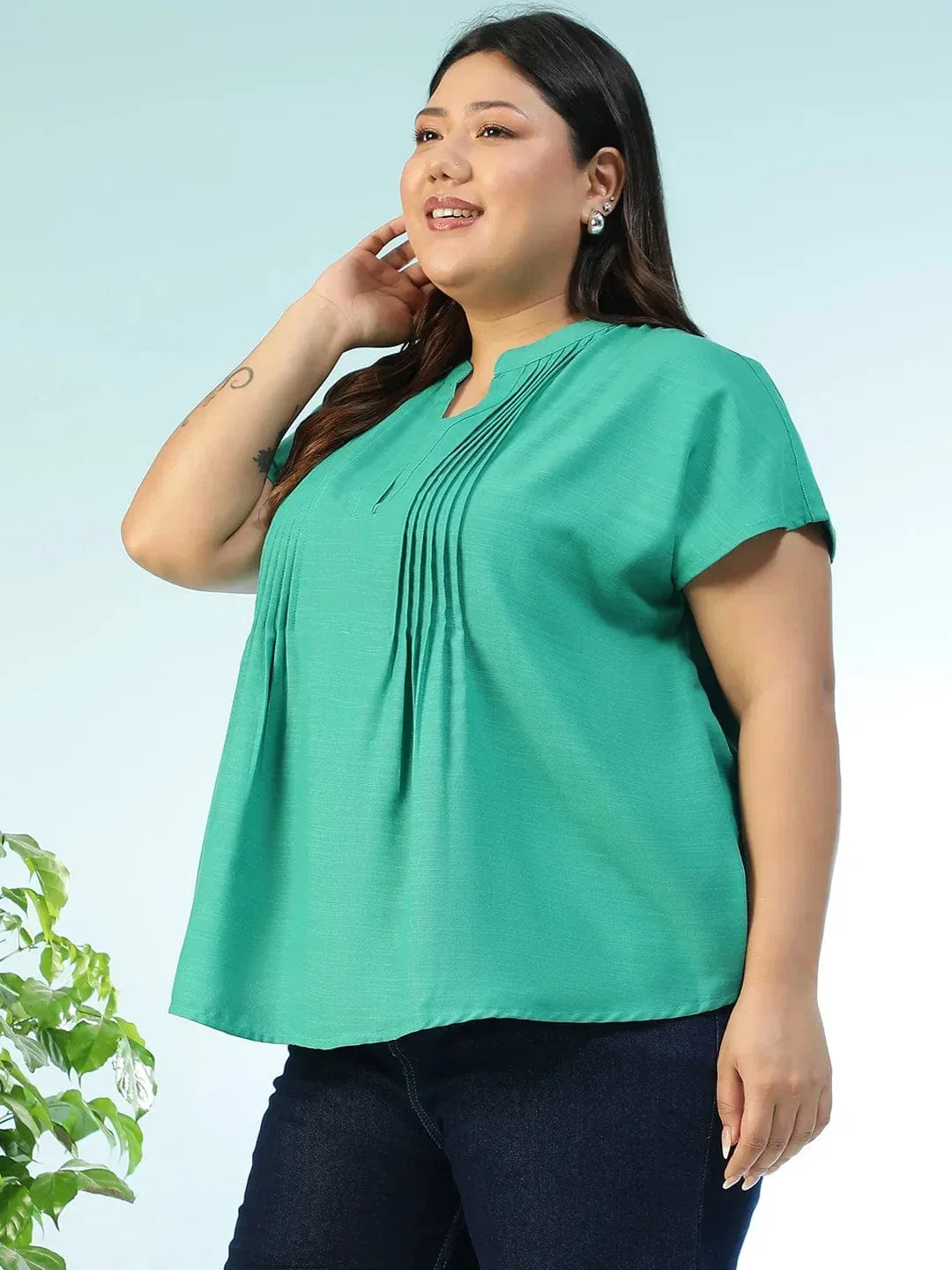 Tonepop Solid Green Pleated Flutter Short Sleeve Plus Size Women Top - Image 3
