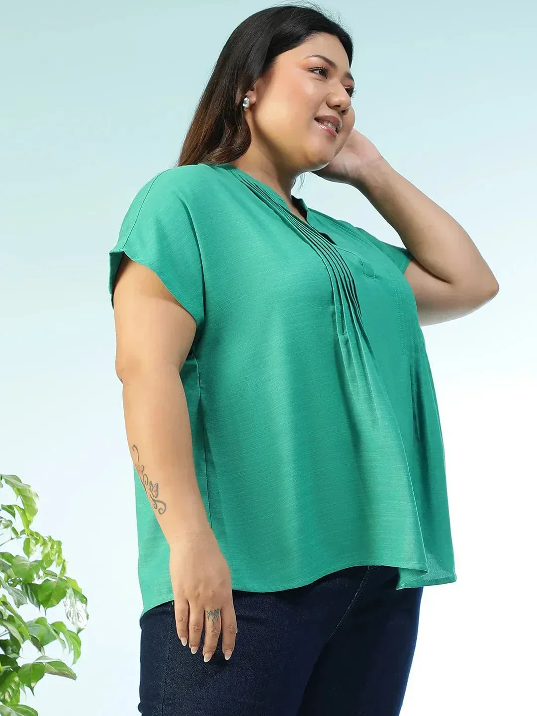 Tonepop Solid Green Pleated Flutter Short Sleeve Plus Size Women Top - Image 4