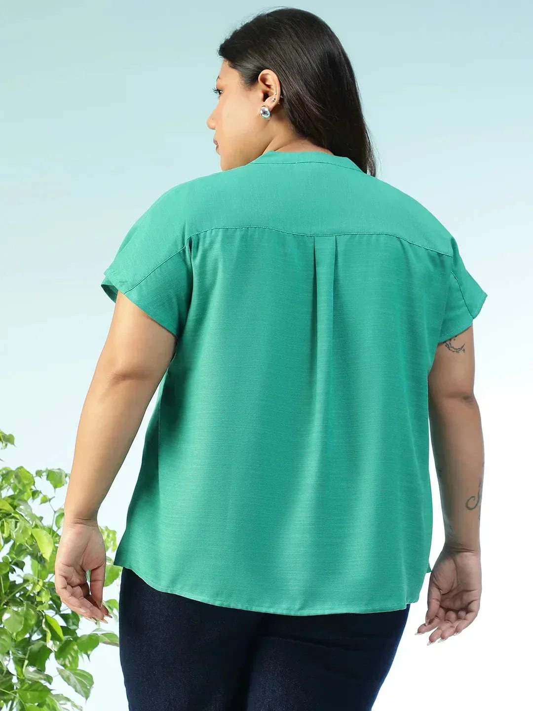 Tonepop Solid Green Pleated Flutter Short Sleeve Plus Size Women Top - Image 5