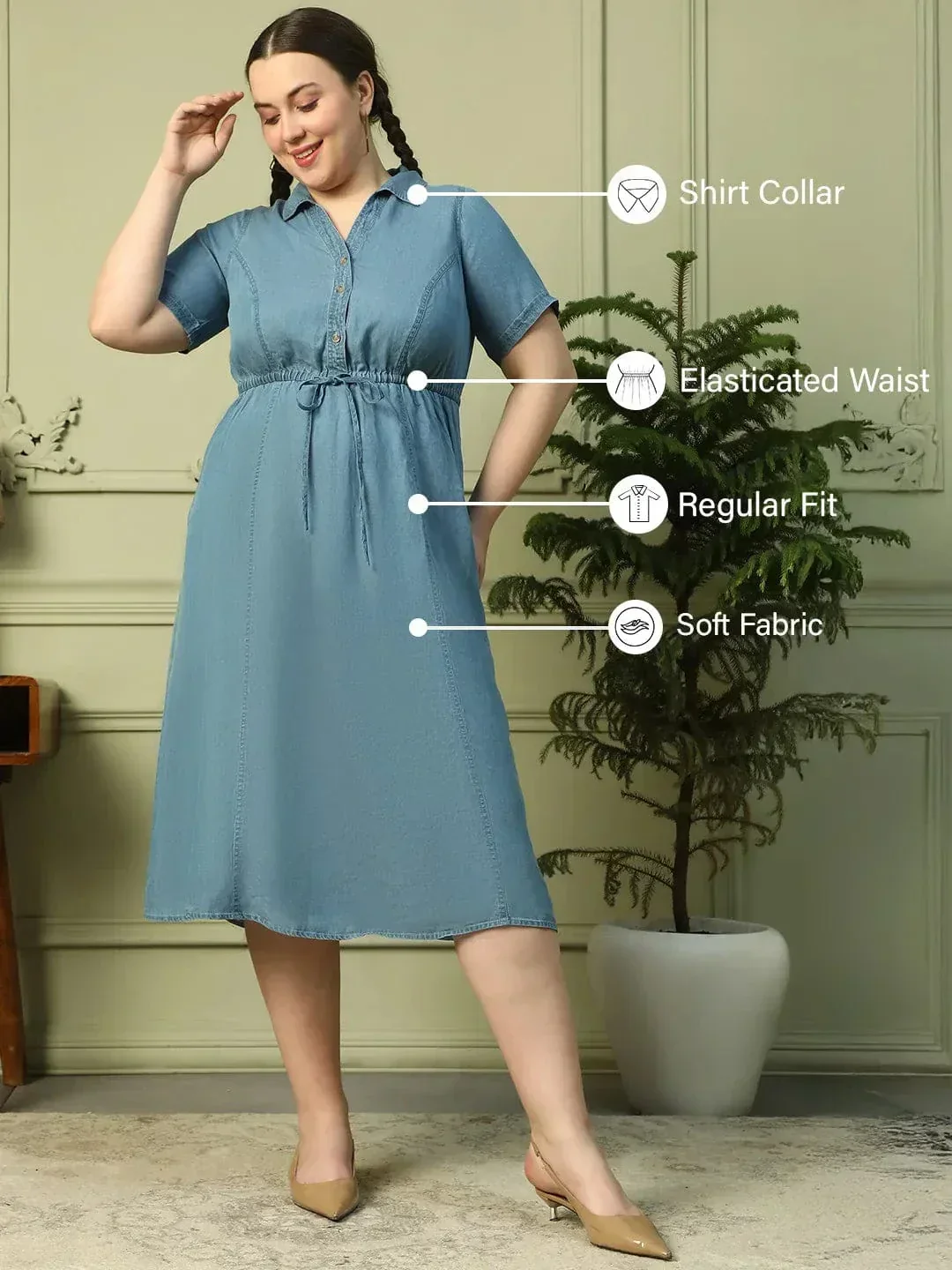 Touchy Light Blue Collared Button Down Short Sleeve Elasticated Tie-Up Belt Long Denim Plus Size Women Cotton Dress - Image 2