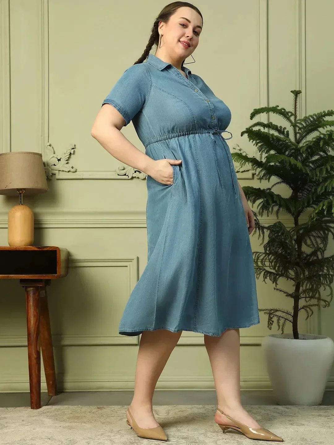 Touchy Light Blue Collared Button Down Short Sleeve Elasticated Tie-Up Belt Long Denim Plus Size Women Cotton Dress - Image 5