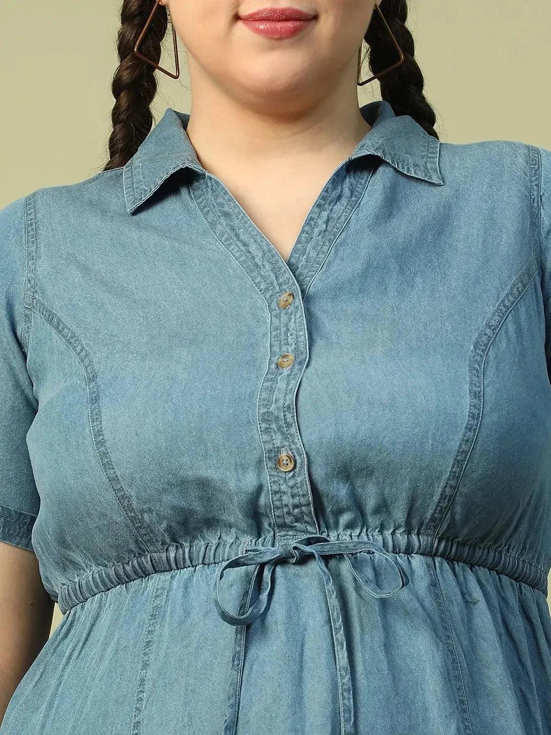 Touchy Light Blue Collared Button Down Short Sleeve Elasticated Tie-Up Belt Long Denim Plus Size Women Cotton Dress - Image 7