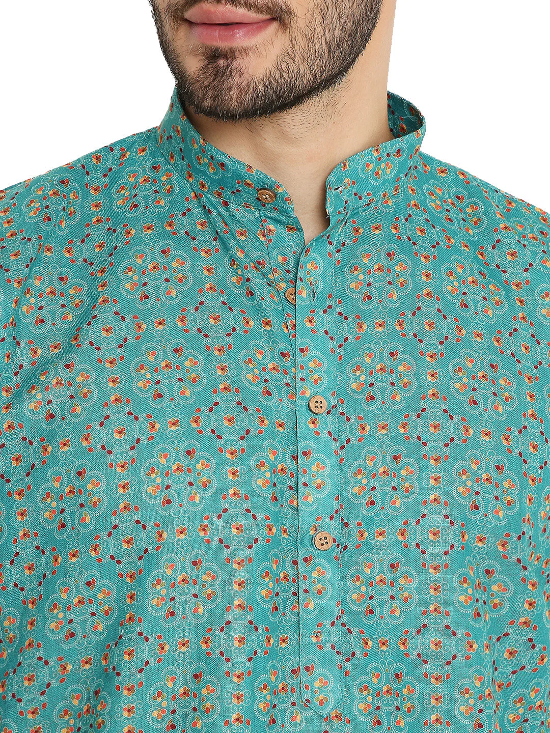 Traditional Print Linen Kurta in Green - Image 6
