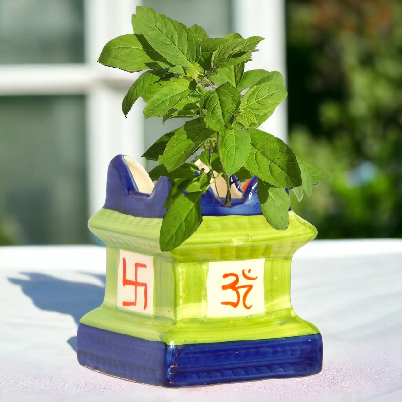 Traditional Temple-Style Ceramic Tulsi Planter – Handcrafted Sacred Pot for Home Puja