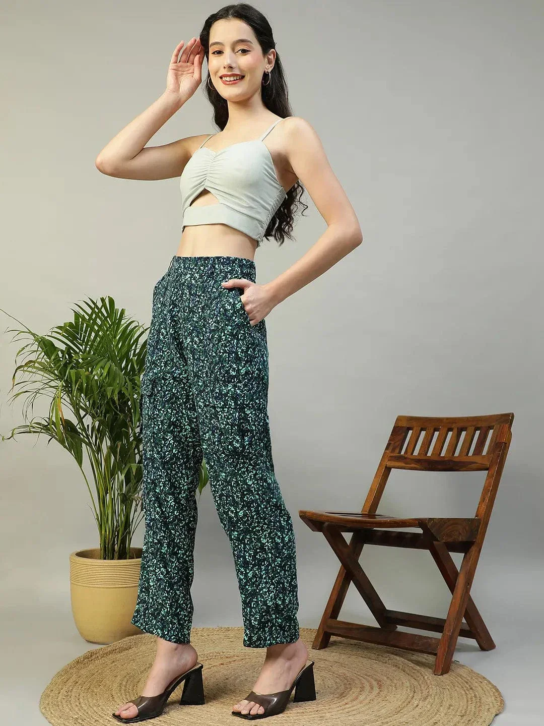 Trendy Blue Floral Print Elasticated Crargo Style Women Pant - Image 2
