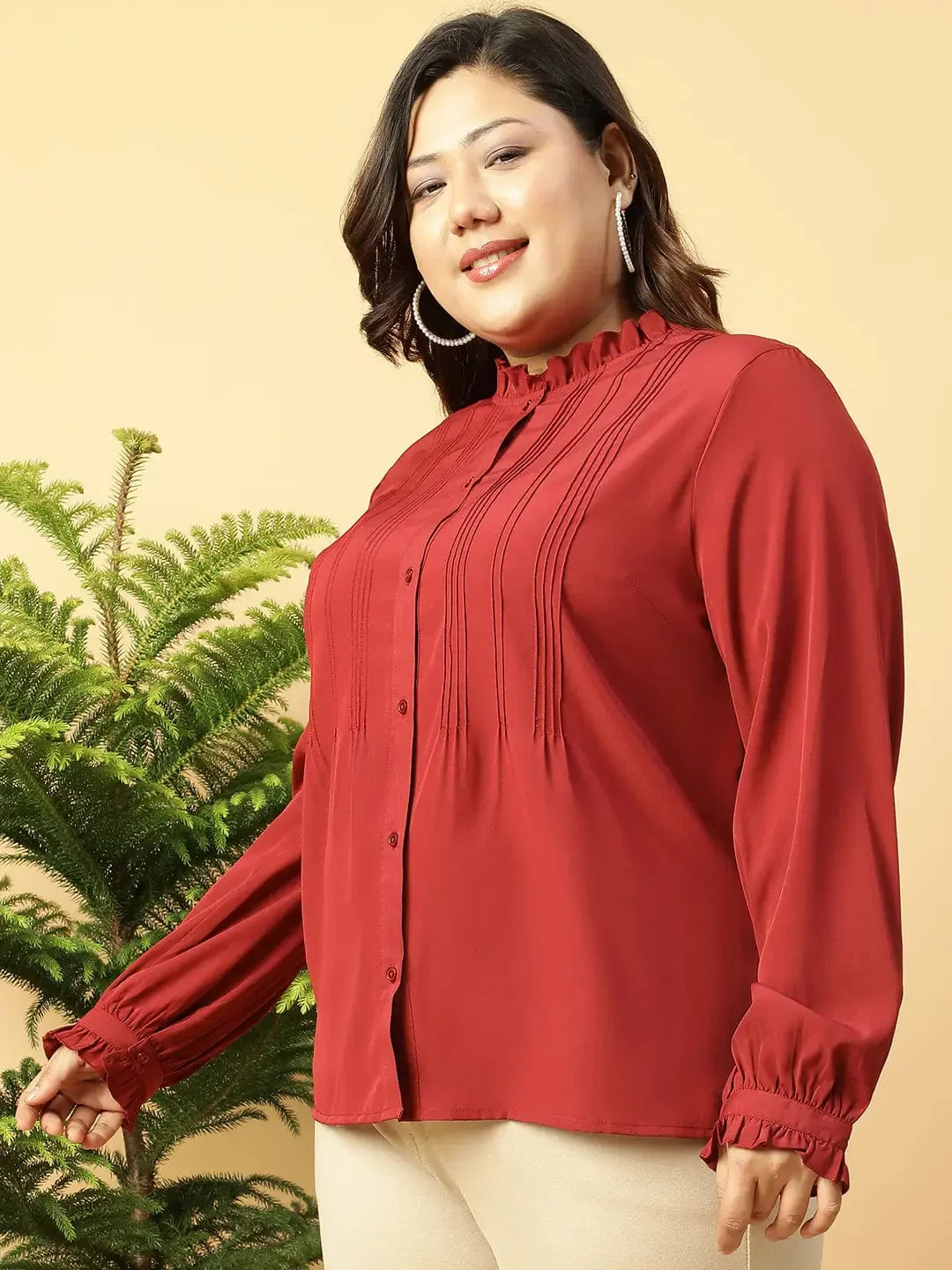 Trendy Maroon Long Sleeve Button Down Plus Size Women Shirt - Image 3