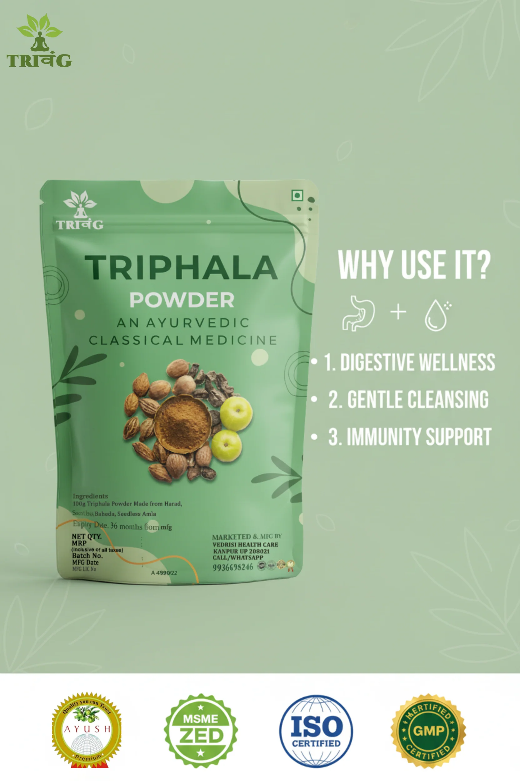 Trivang Triphala Powder - Contains Organic Haritaki, Bibhitaki and Amalaki - Natural and Pure - Image 3