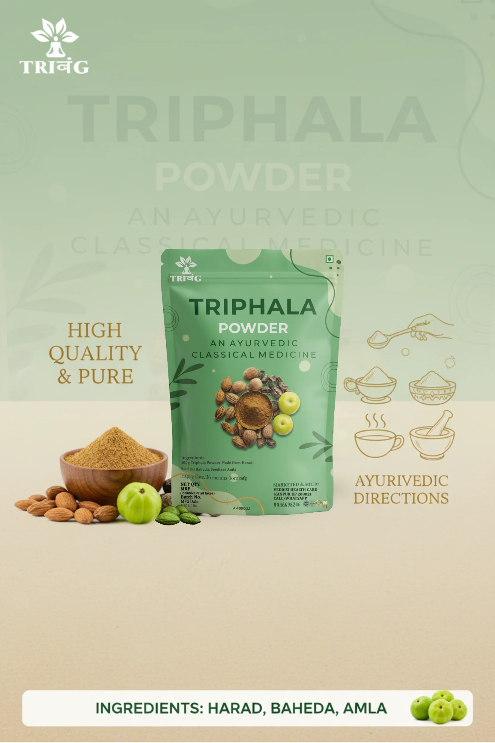 Trivang Triphala Powder - Contains Organic Haritaki, Bibhitaki and Amalaki - Natural and Pure - Image 4