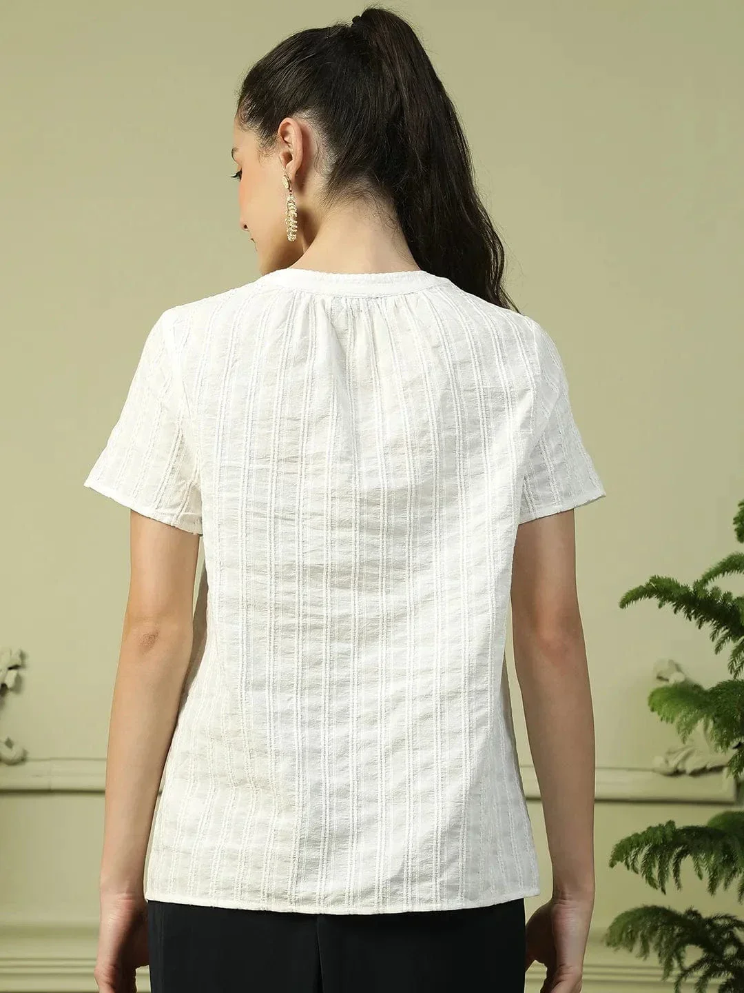 Tuned White V-Neck Short Sleeve Cotton Dobby Women Top - Image 5