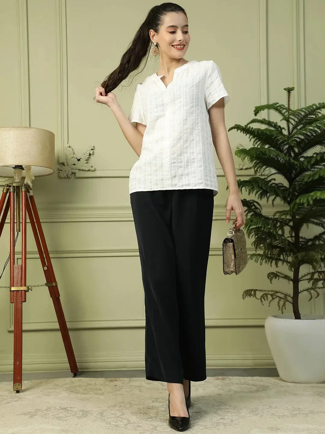 Tuned White V-Neck Short Sleeve Cotton Dobby Women Top - Image 8