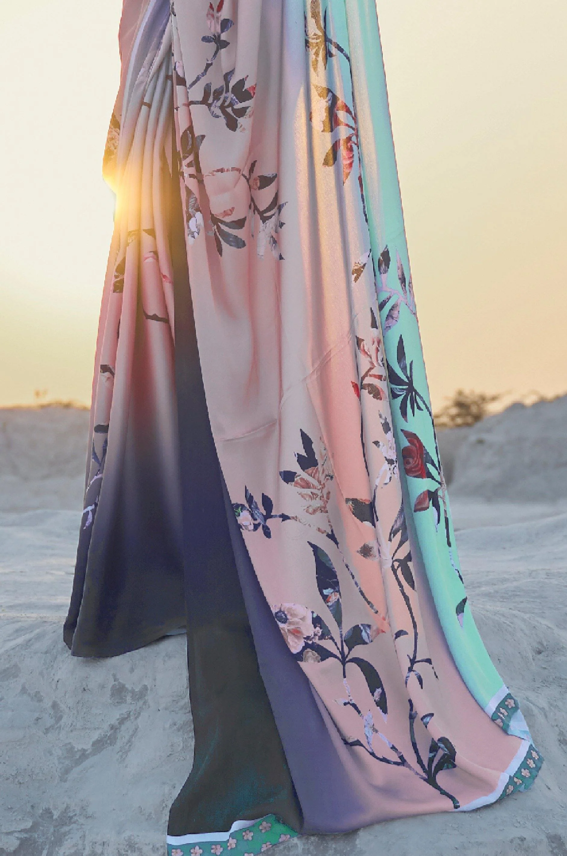 Turquoise Blue And Peach Digital Print Satin Silk Saree - Image 2