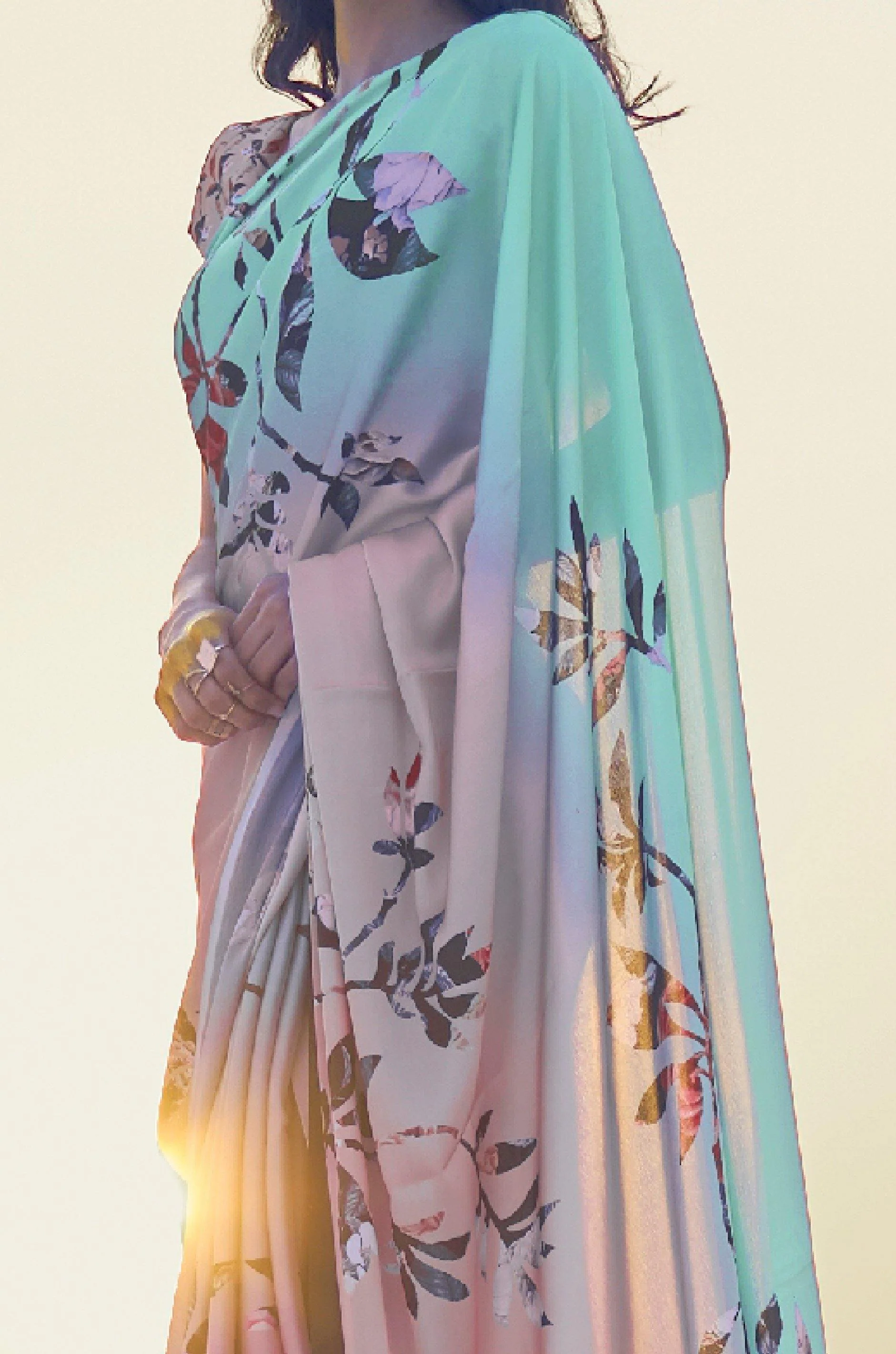 Turquoise Blue And Peach Digital Print Satin Silk Saree - Image 3