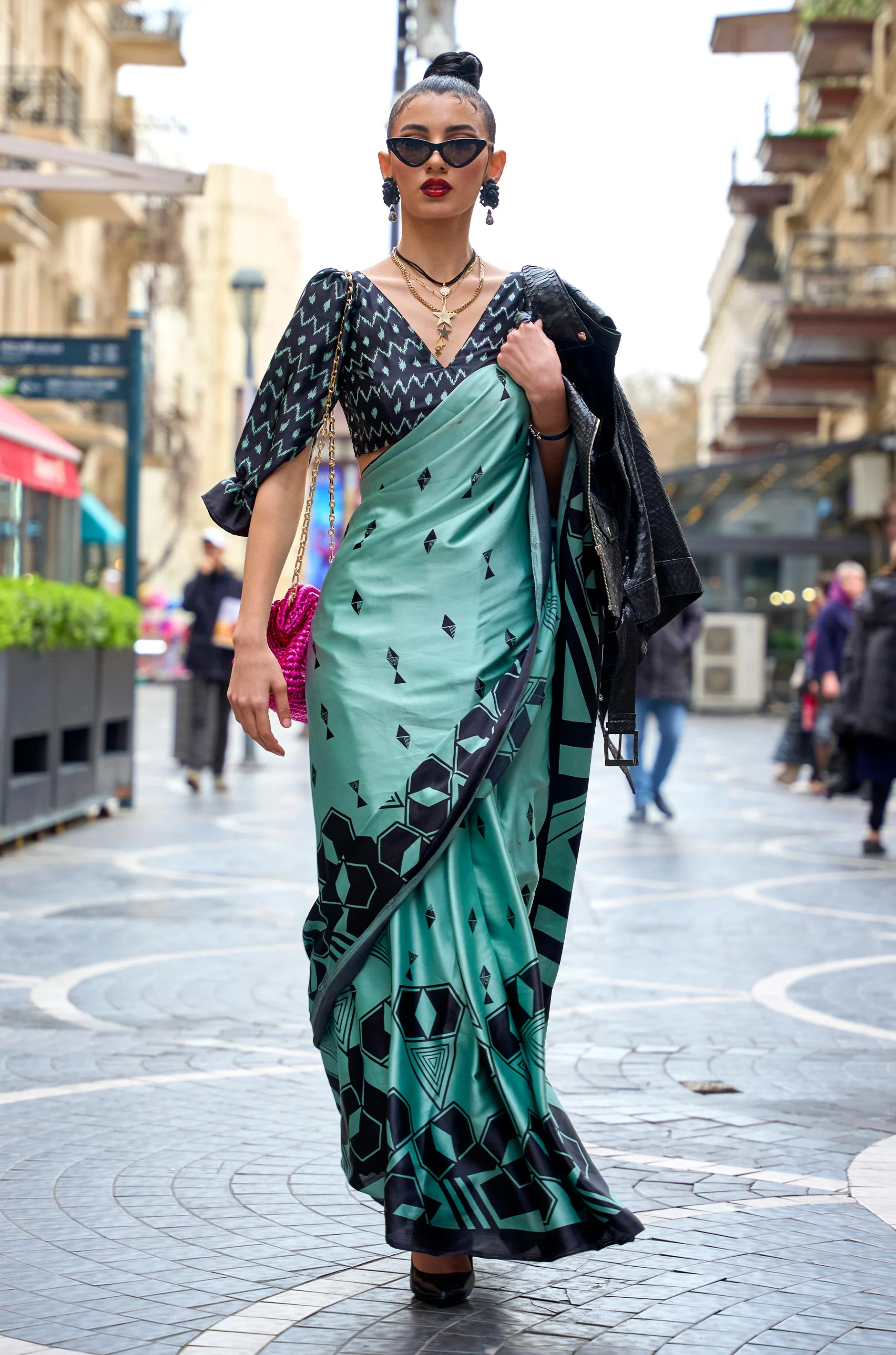Turquoise Blue Black Digital Print Satin Crepe Saree