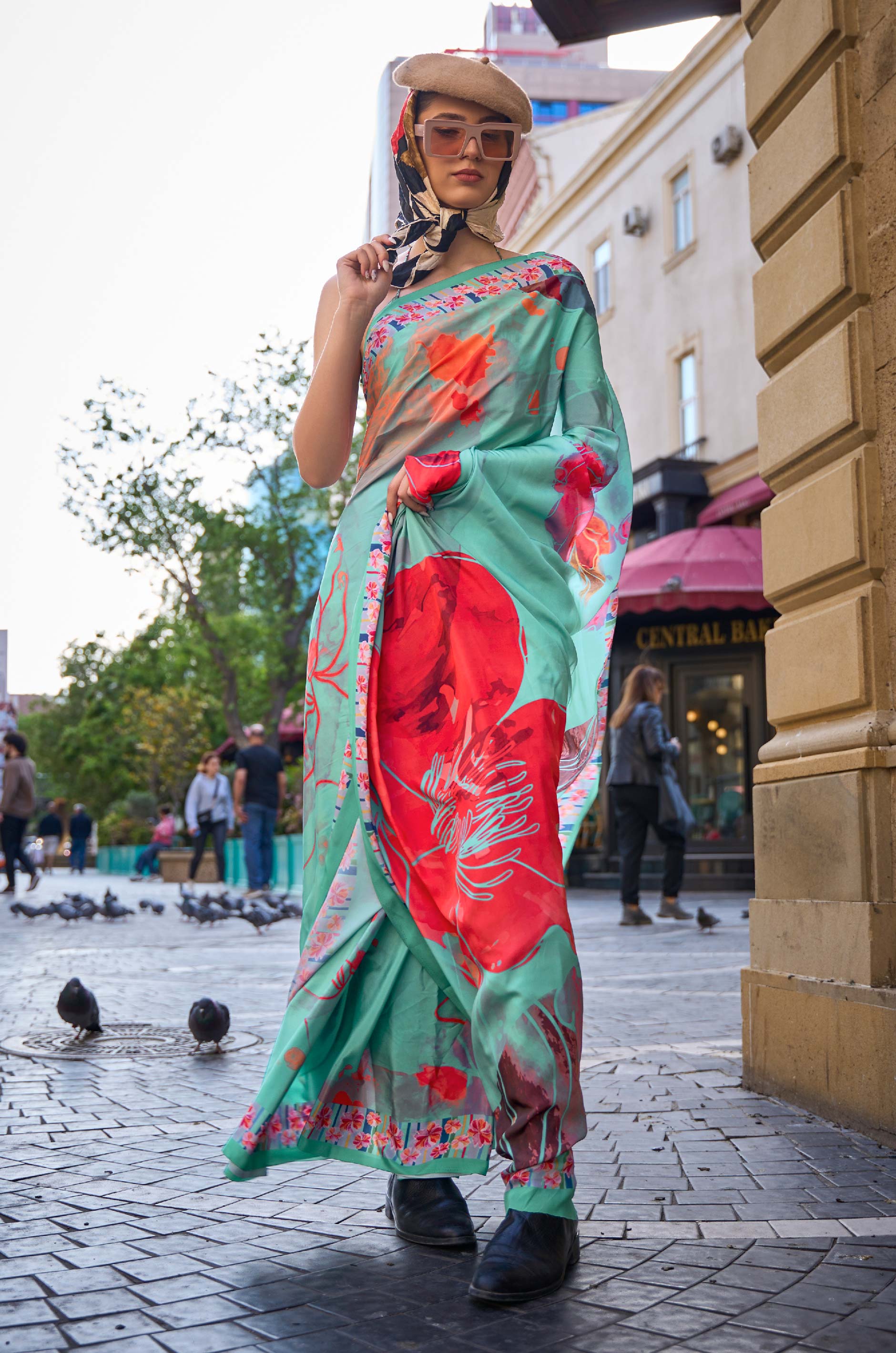 Turquoise Blue Digital Print Crepe Silk Saree