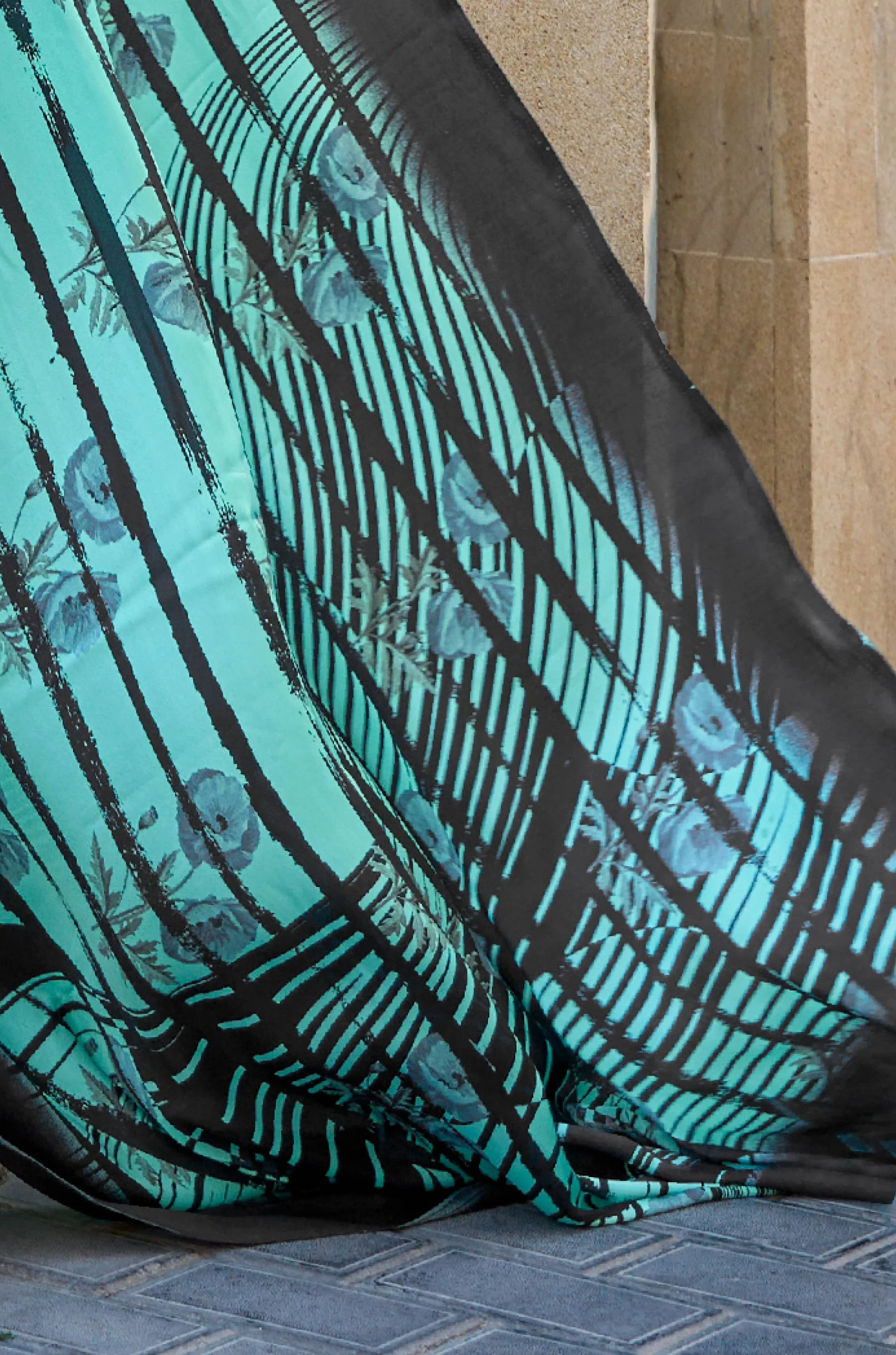 Turquoise Blue Digital Print Satin Crepe Saree - Image 2