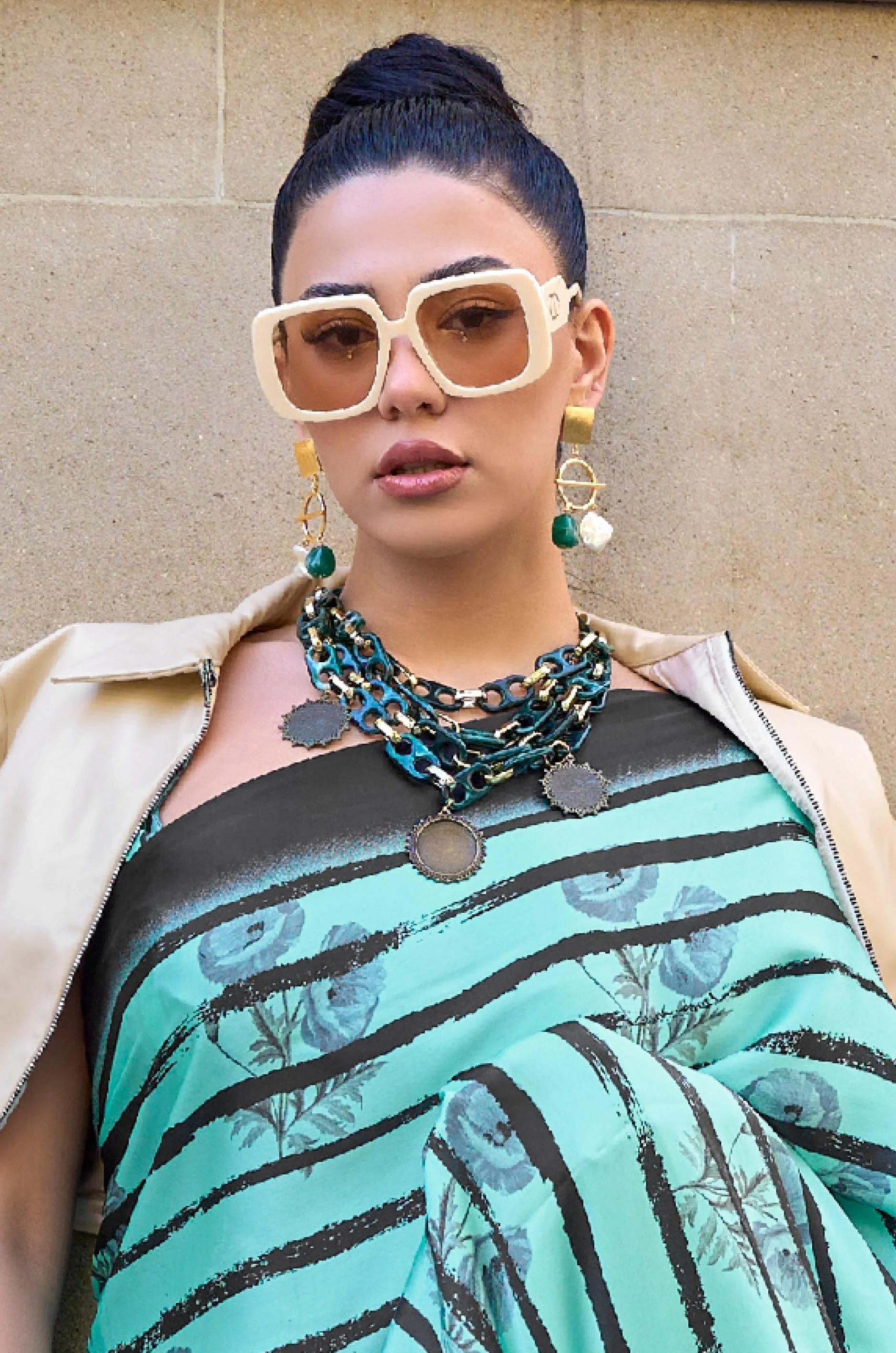 Turquoise Blue Digital Print Satin Crepe Saree - Image 4