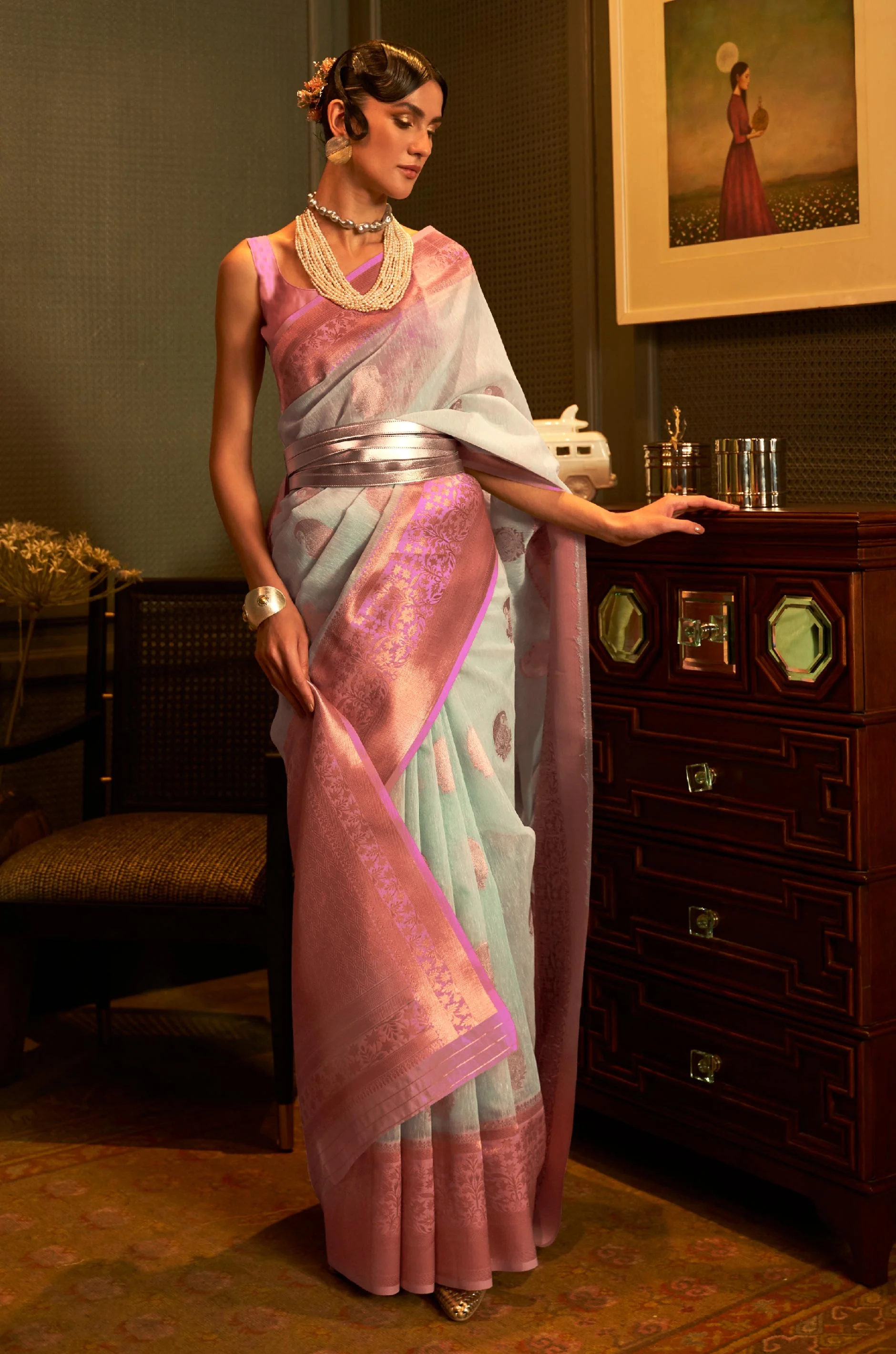 Turquoise Blue Woven Linen Saree