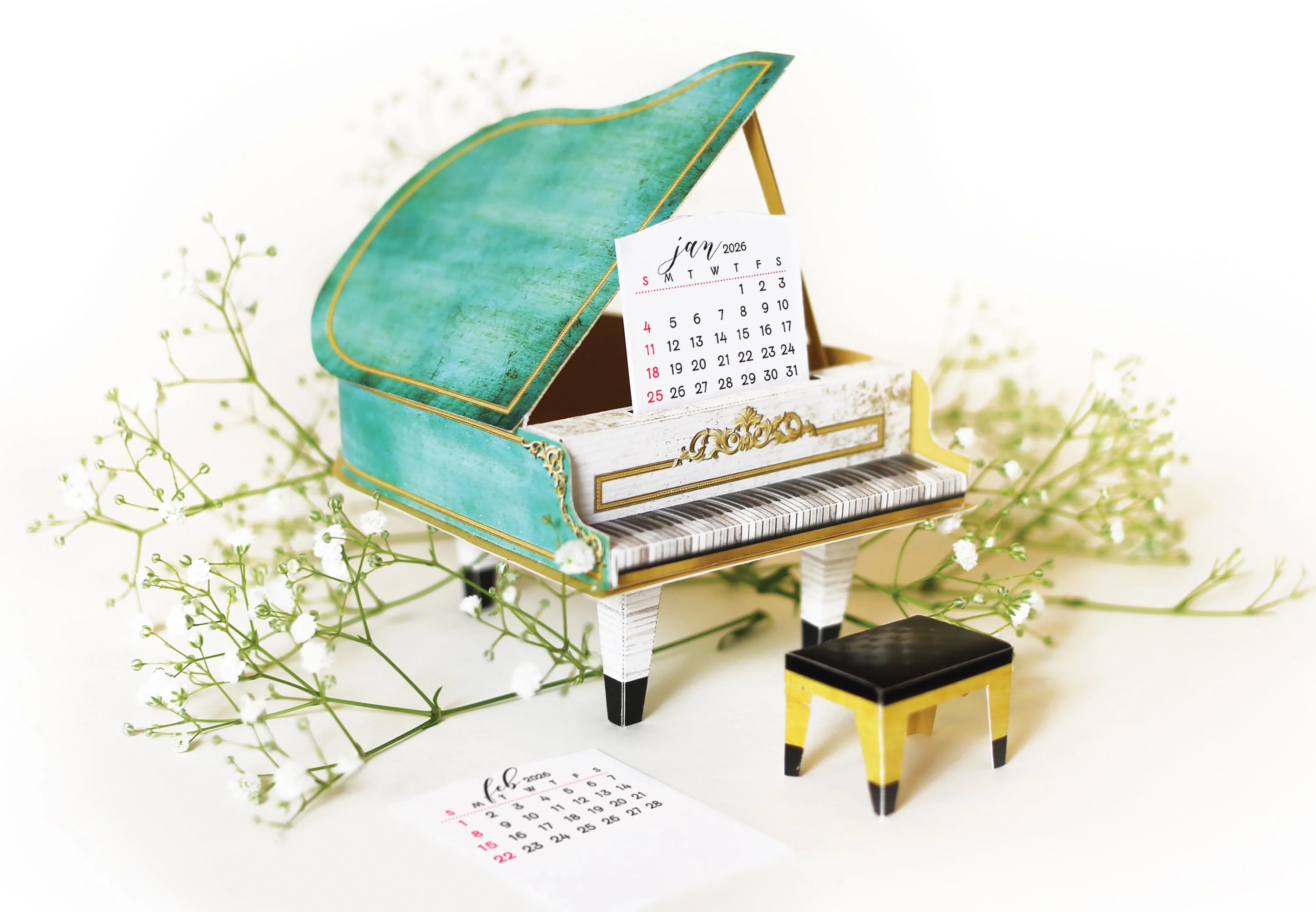 Turquoise Mini Grand Piano Calendar 2025 - DIY Paper Craft Kit - Image 8