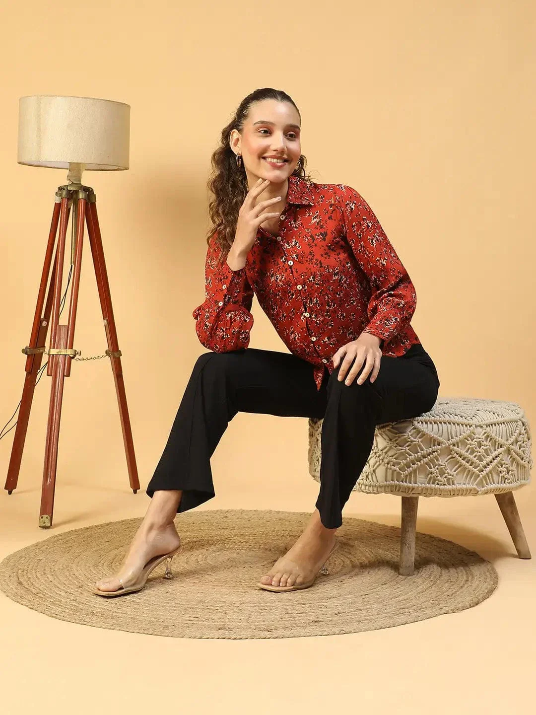 Tweed Marron Floral Print Collared Long Sleeve Button Down Women Satin Shirt - Image 2