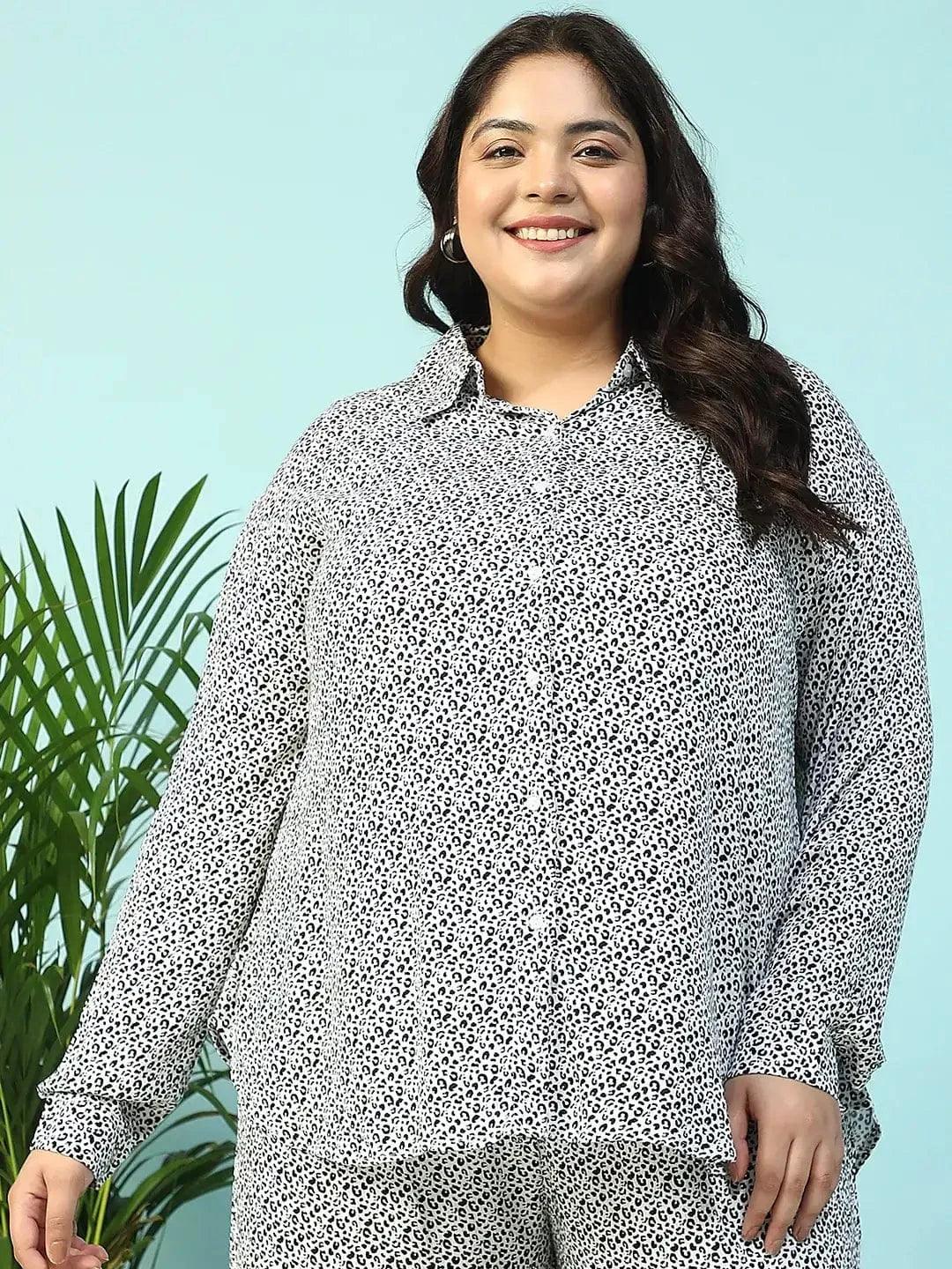 Twilight Black Animal Print Collared Long Sleeve Button Down Women Plus Size Women Shirt