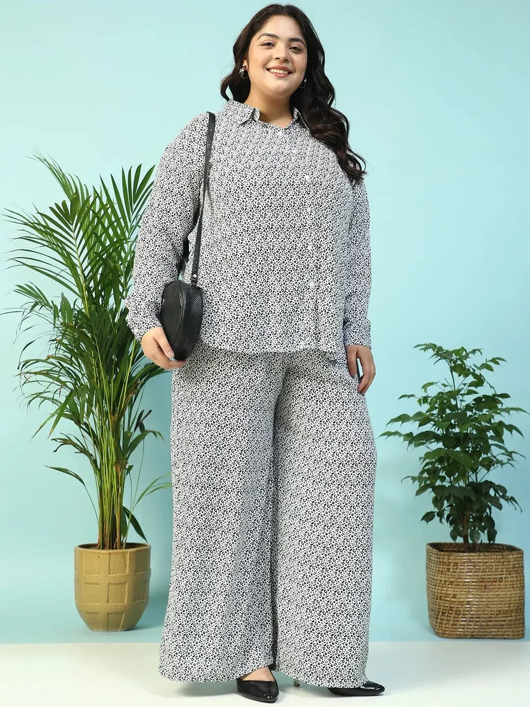 Twilight Black Animal Print Collared Long Sleeve Button Down Women Plus Size Women Shirt - Image 7