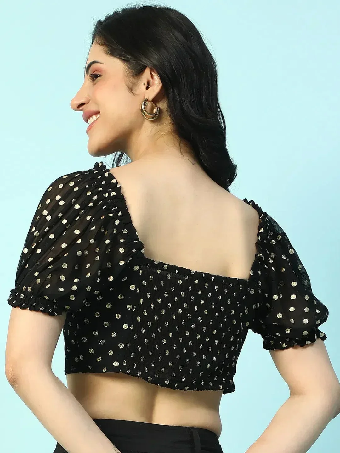 Twisted Black Lurex Print Smocking Detail Women Partywear Crop Top - Image 5