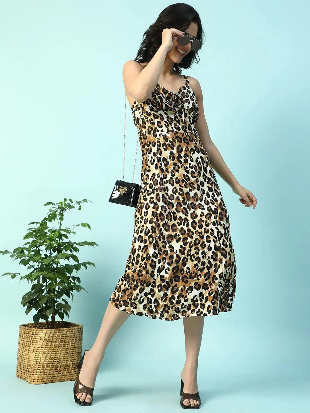 Twril Brown Animal Print Shoulder Strap Sleeveless Women Satin Dress - Image 8
