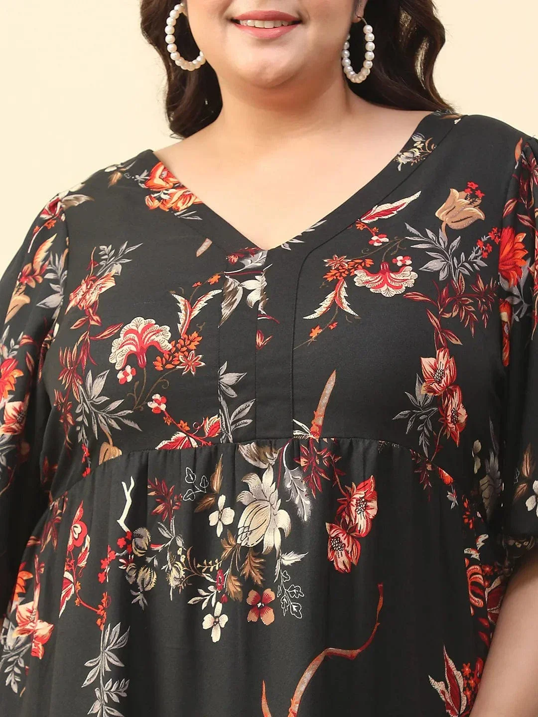 Typical Black Floral Print Short Balloon Sleeve Plus Size Women Long Maxi Dress - Image 6