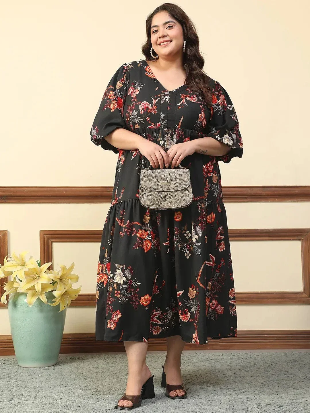 Typical Black Floral Print Short Balloon Sleeve Plus Size Women Long Maxi Dress - Image 8
