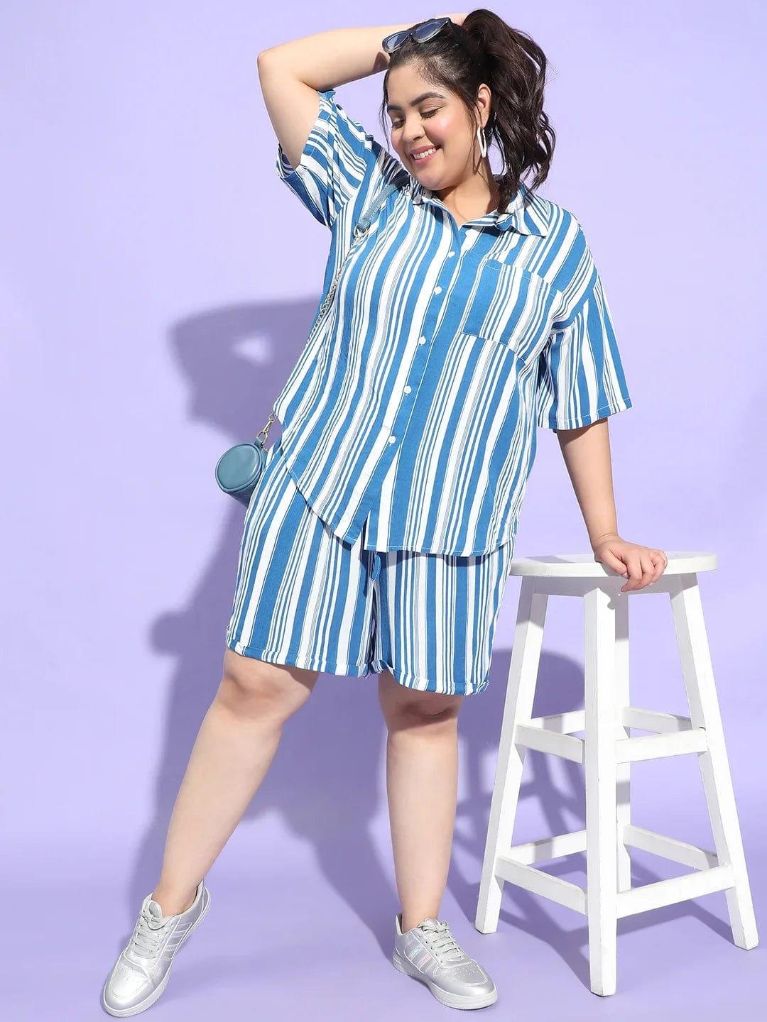 Typical Blue Stripe Print Button Down Plus Size Shirt - Image 8