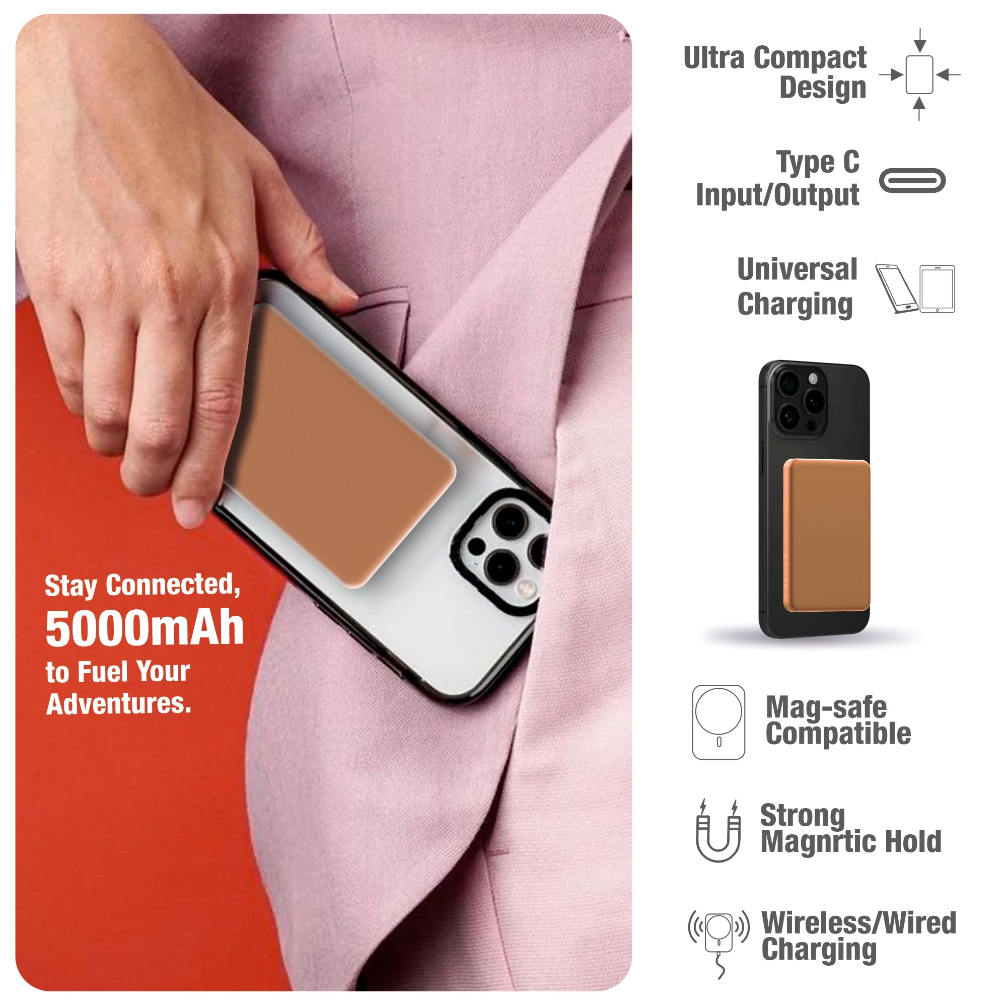 Ultra Slim 5000mAh MagClick Metal Power Bank (Pocket & Travel-Friendly) offers 15W Wireless Charging and 20W Wired Fast Charging for iPhone 16.Series, iPhone 15 Series and magnetic Devices. - Image 5