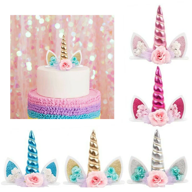 Unicorn Ear- Flowers Cake Topper (Pink) (Pack of 1) - Image 2