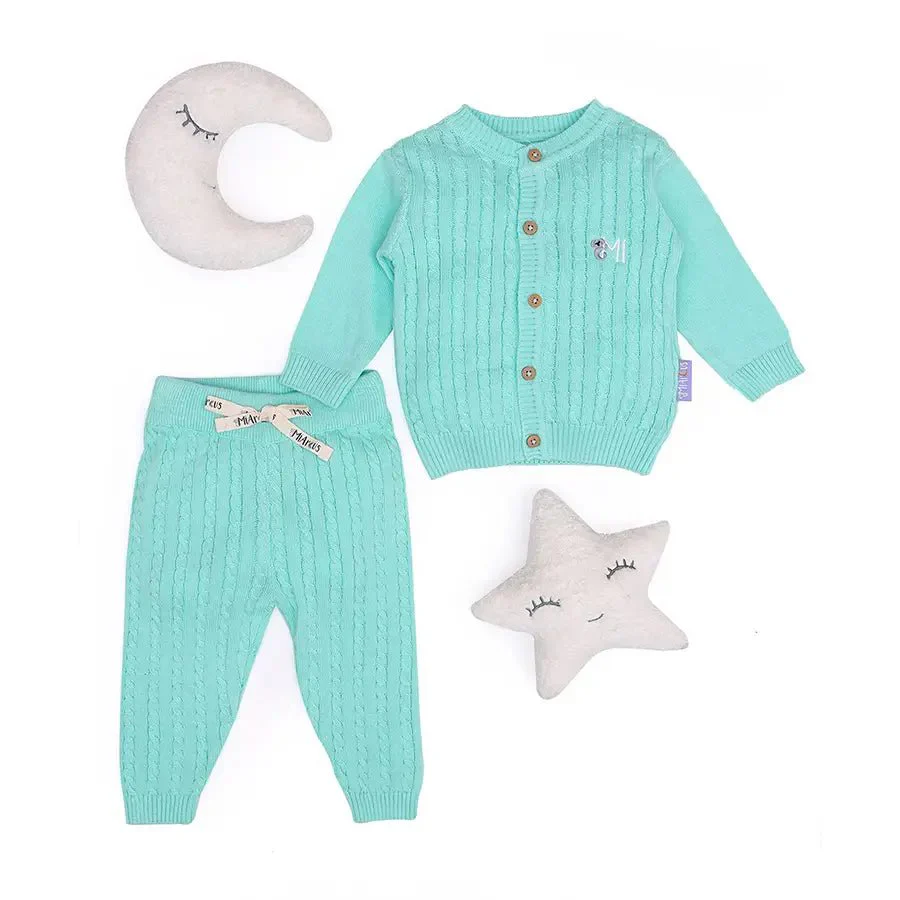 Unisex Cable Knitted Baby Cardigan With Pyjama Set