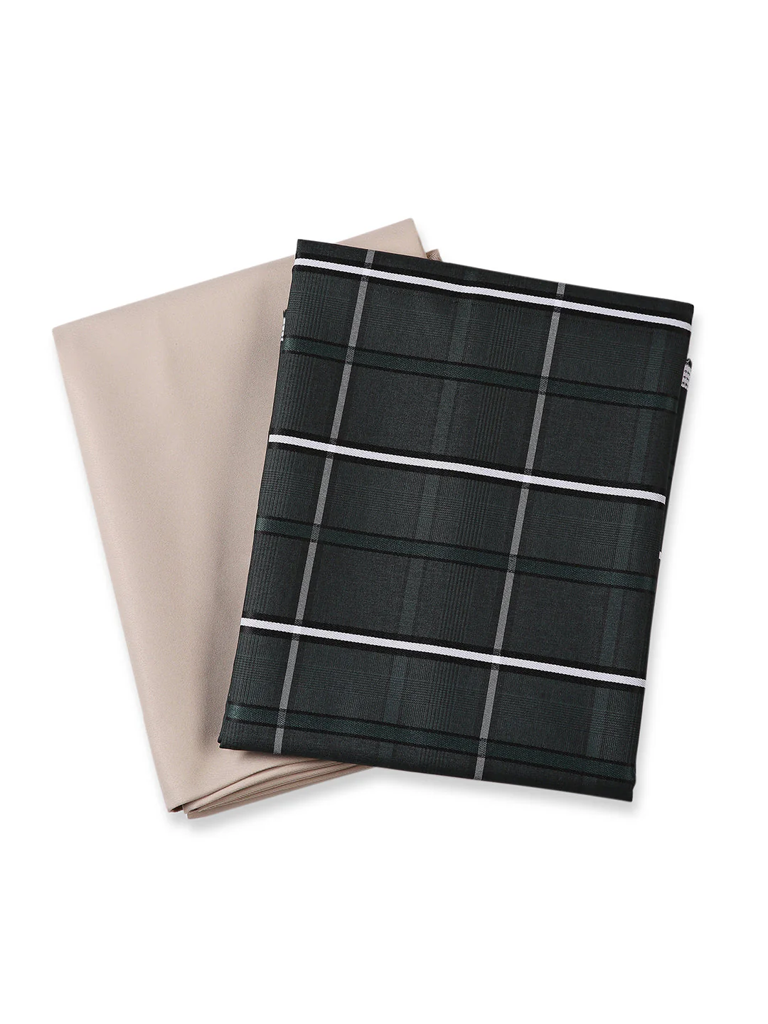 Unstitched PolyBlend Green Checks Shirt and Beige Trouser Fabric Piece Set