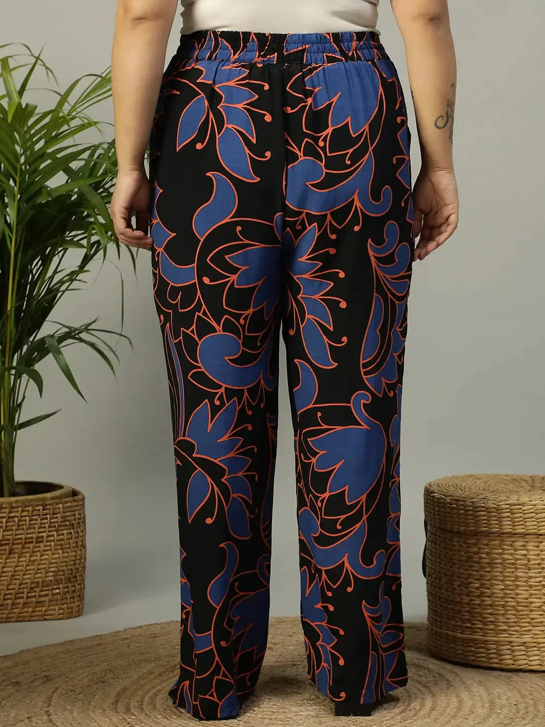 Upfront Black Floral rayon Print Elasticated Plus Size Women Pant - Image 5