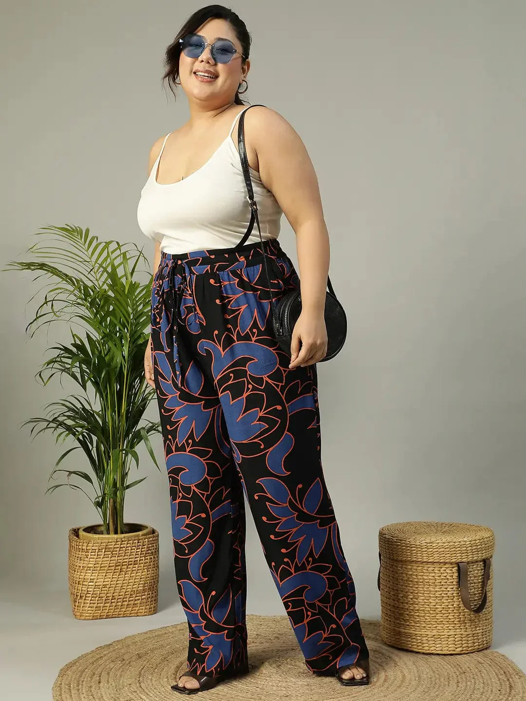 Upfront Black Floral rayon Print Elasticated Plus Size Women Pant - Image 7
