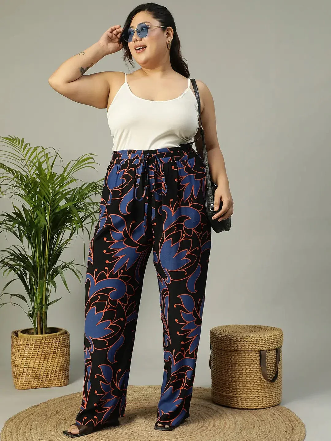 Upfront Black Floral rayon Print Elasticated Plus Size Women Pant - Image 8